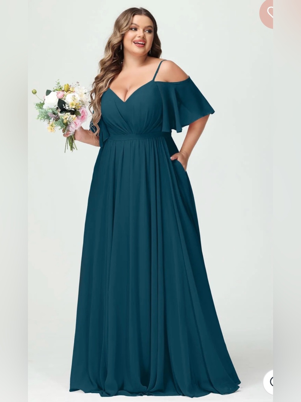 Lavetir - Plus Size Cold-Shoulder Maxi Prom Dress in Teal Blue